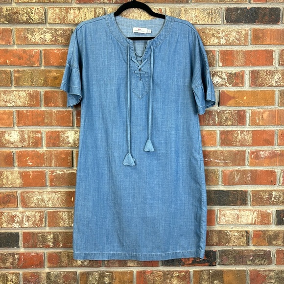 Vineyard Vines Blue Chambray Dress Flutter Sleeve Lace Up Tassel Size 00 - Picture 1 of 6